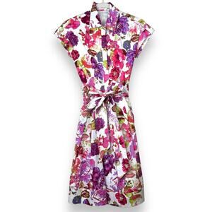 Eliza J 1950's Themed Pink Floral Collared Button Flare Skirt Midi Dress Size 0